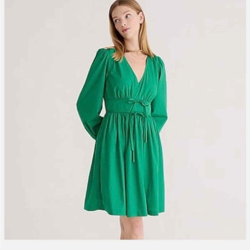 J. Crew Green Ruched Smocked V-Neck Dress